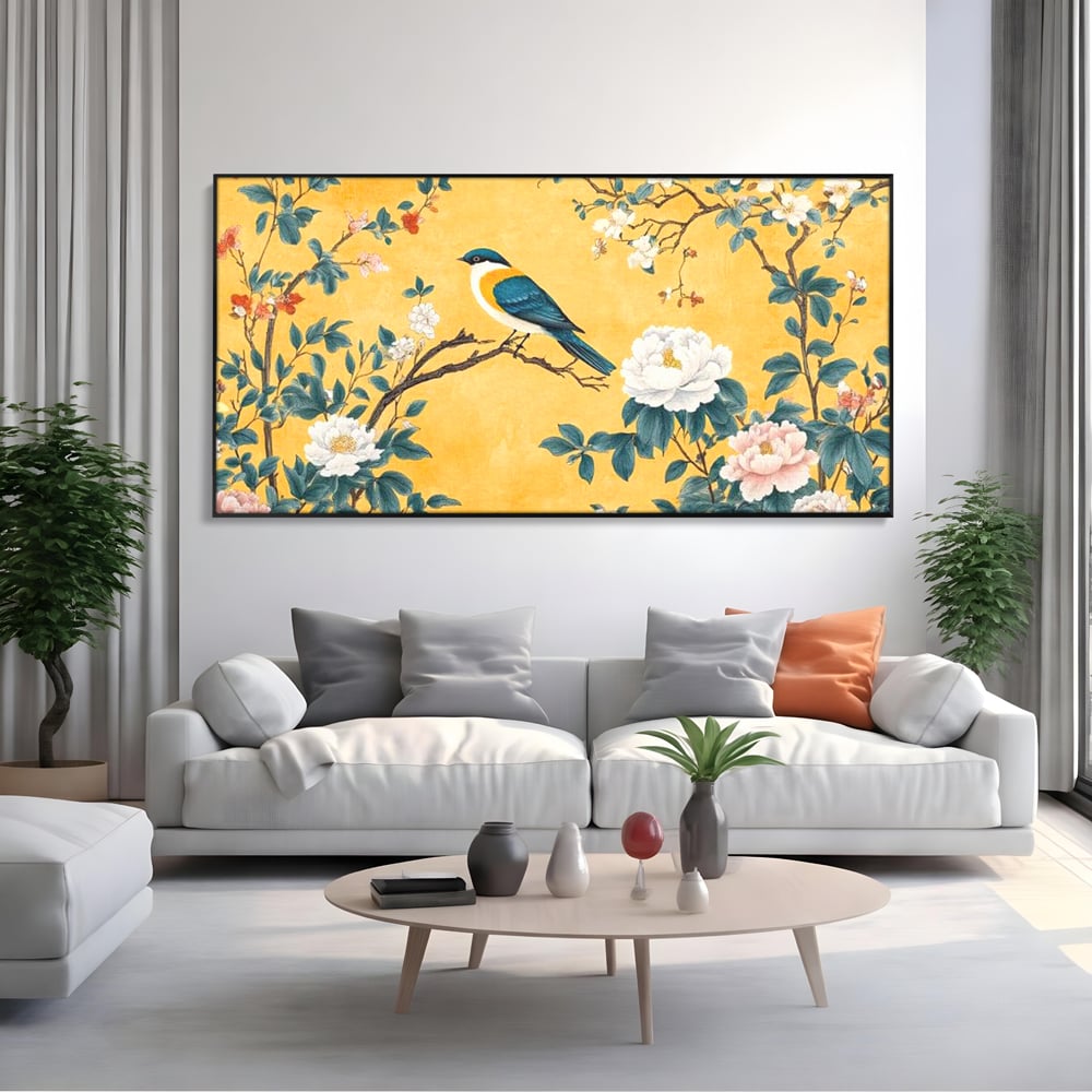 Tablou canvas cu tablou canvas cu pasare pe creanga si bujori, in rama de aluminiu negru, pe perete intr-un living